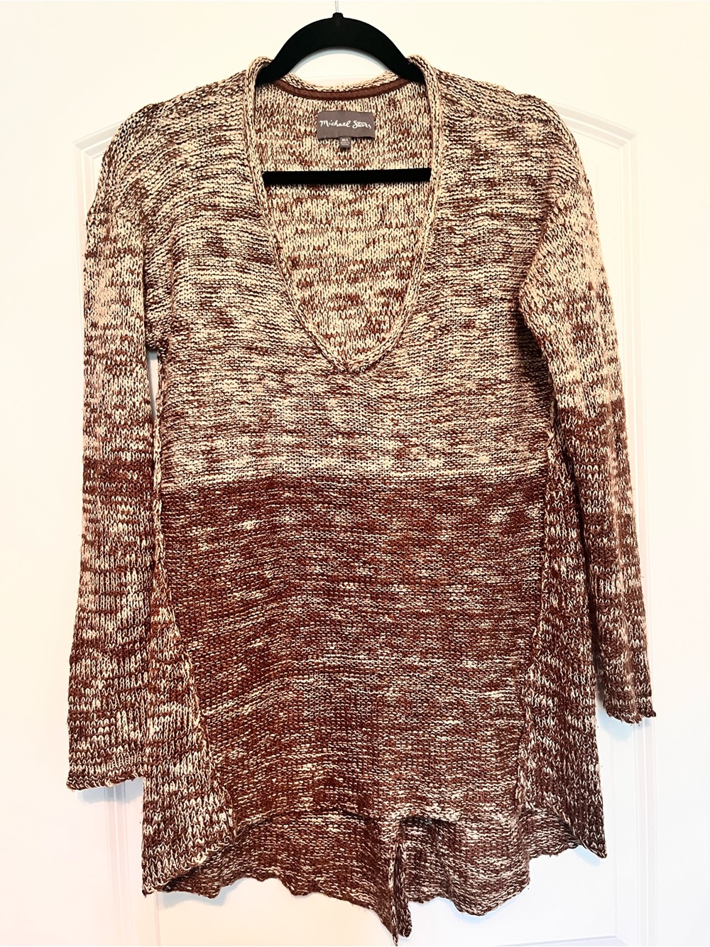 Michael Stars M/L Brown Cream Marled Knit V-Neck Tunic Sweater Boho Cottagecore